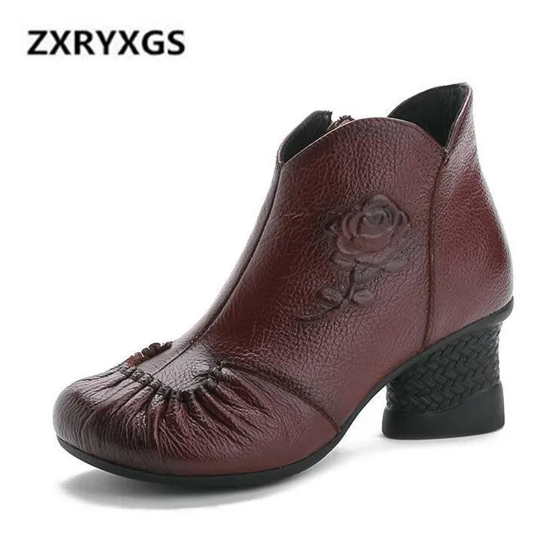 

2018 New Autumn and Winter Boots Women Shoes Retro Cow Leather Boots Comfort Plus Velvet Women Boots Non-slip Warm Ankle Boots