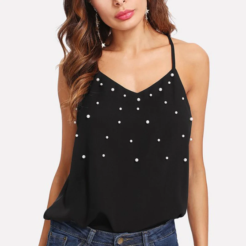 

Summer Women Sexy Tops V Neck Cami Spaghetti Strap Vest Imitation Pearl Decor Casual Blouses AIC88