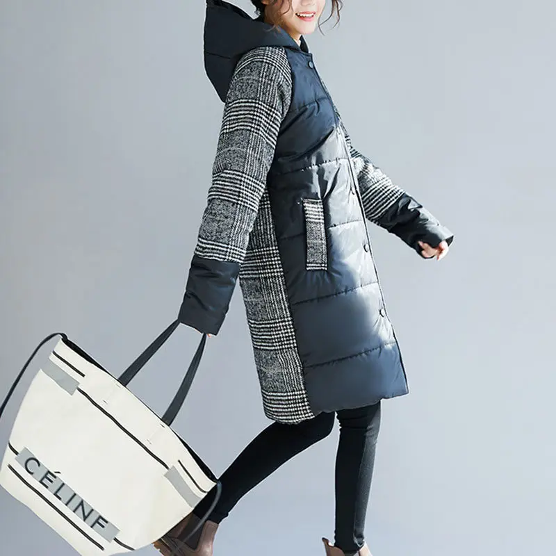 Vêtements Photo Color Épais Pain Lq460 Femmes Nouvelle À 2018 Rétro Hiver Parkas Taille Coton Ouatée Couture Femme Lâche Plaid Grande Capuche De 9HEbeIWD2Y