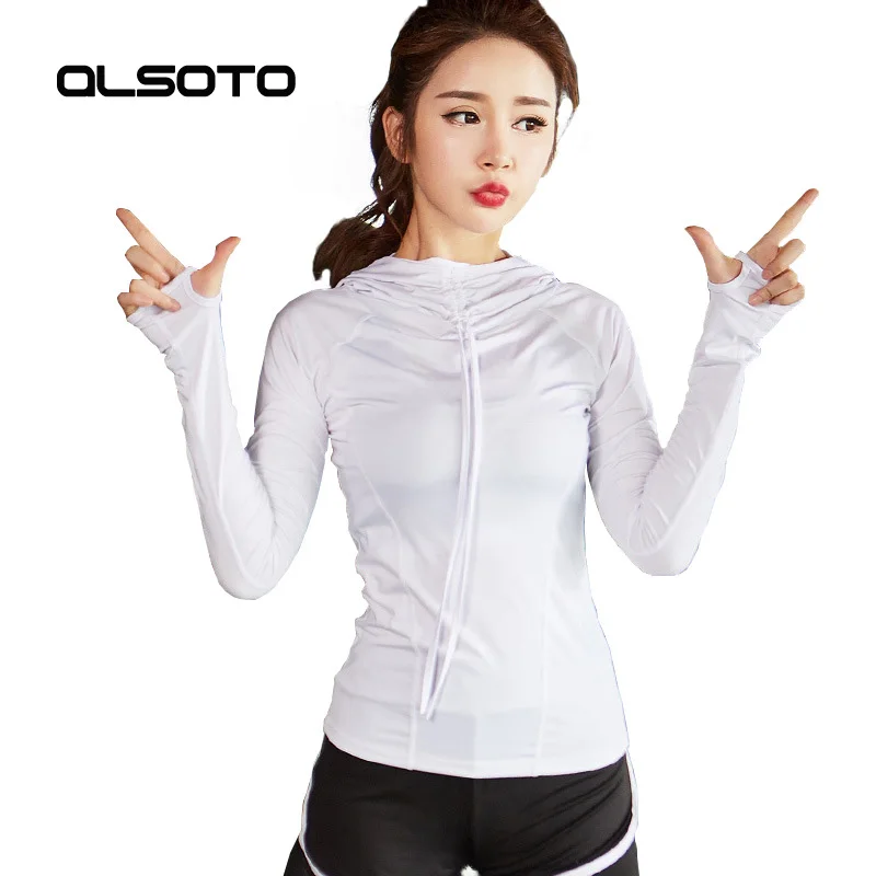 

ALSOTO Autumn Women Running Jacket Hooded Fitness Yoga Quick-drying Sexy Solid Color Gym Sports Long Sleeves Tops