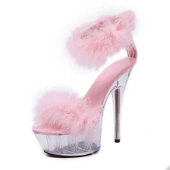 

Girls Nightclub Party 15cm High Heel Crystal Wedges Sandals For Women Sandalia Feminina Artificial Fur Transparent Sandals Shoes