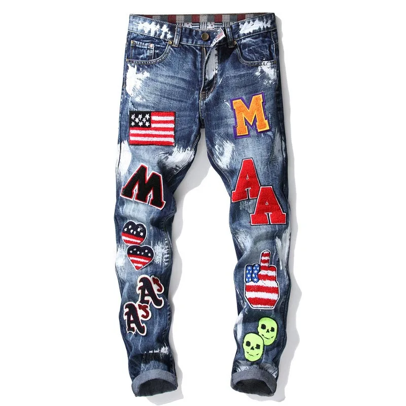 Mcikkny New Fashion Men's Painted Jeans With Embroidery Slim Straight Denim Pants Biker Casual Jeans Trousers For Male Washed 
