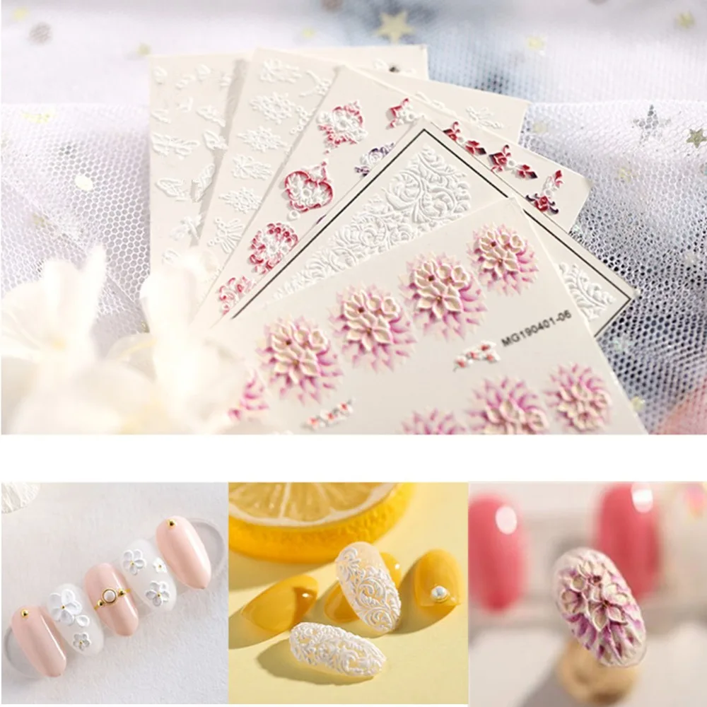 

1pc 3D Acrylic Engraved Flower Nail Sticker Embossed Flower Nail Water Decals Empaistic Nail Water Slide Decals Fashion Nails