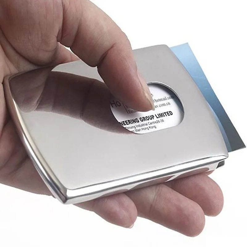 

Metal PUSH Card Case Vogue Thumb Slide Out Stainless Steel Pocket Business ID Credit Card Holder Case Men Office Supplies