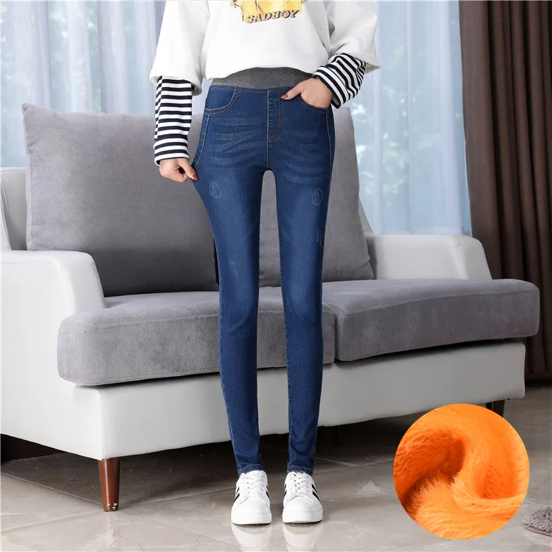 Женские зимние теплые джинсы, брюки с высокой талией, утепленные джинсы, золотистый флис изнутри, черные джинсовые брюки-карандаш, синие
