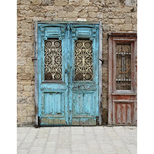 Blue Painted Old Wooden Door Photo Backdrop Brick Wall Baby Newborn
