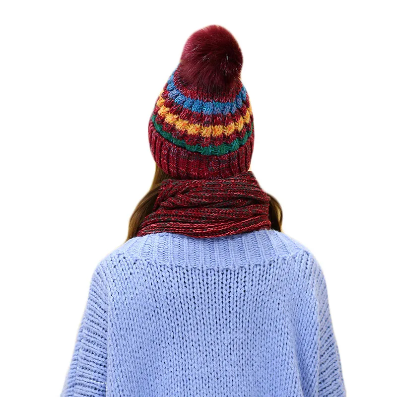 Новая модная женская зимняя теплая шапка, шарф, комплект из плюша, помпон, шапка и шарф, комплект из двух предметов, женские длинные вязаные полосатые шапочки с шарфами