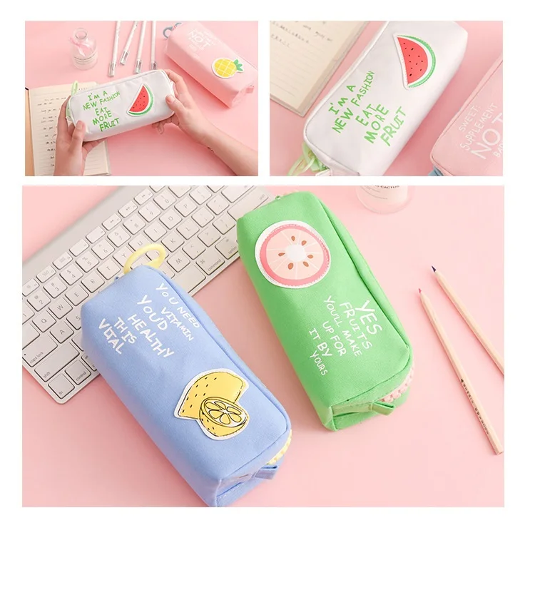 Big zipper Fruit pencil bag Lemon Pineapple Canvas school pencil case Stationery organizer Storage bags for pens Office A6628