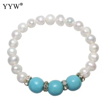 

Freshwater Pearl Bracelet with Turquoises Stone Brass Potato natural for woman rhinestone white 12mm Approx 7.5 Inch Strand