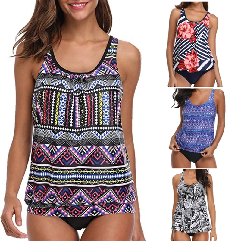 

2019 Plus Size Tankini set Women Swimwear Two Piece Print Halter Swimsuit High Waist Bikinis Swimming Dress Bathing Suit S--5XL