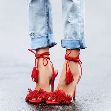 Genuine Leather Black Open Toe High Heels Tassels Sandals Damskie Buty Woman Shoes 2017 Summer Sandals Red Italian Shoes Woman vankaring genuine leather new fashion women sandals high heels round toe red gun color shoes woman dress party casual sandals