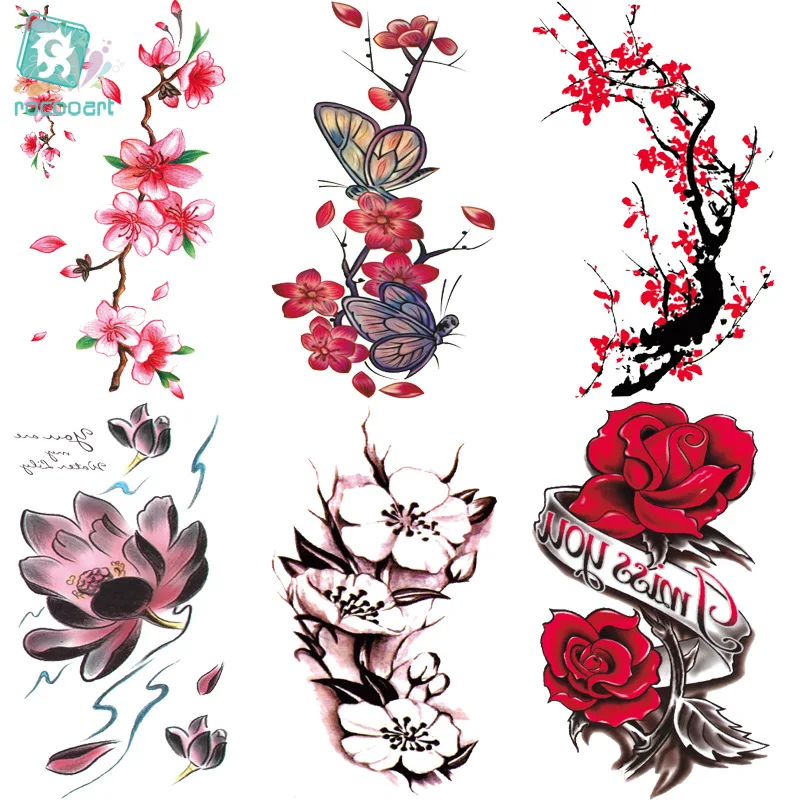 Rocooart QC651-677 20X10 سنتيمتر الملونة tatuajes temporales الوشم الأكمام الجسم الفن الزهور سلسلة المؤقتة الوشم ملصق Taty