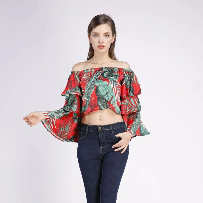 

NSZ Women Off Shoulder Sexy Blouse Shirt Long Sleeve Crop Top Summer Ruffles Print Leaves Slash Neck Ladies Top Blusas mujer