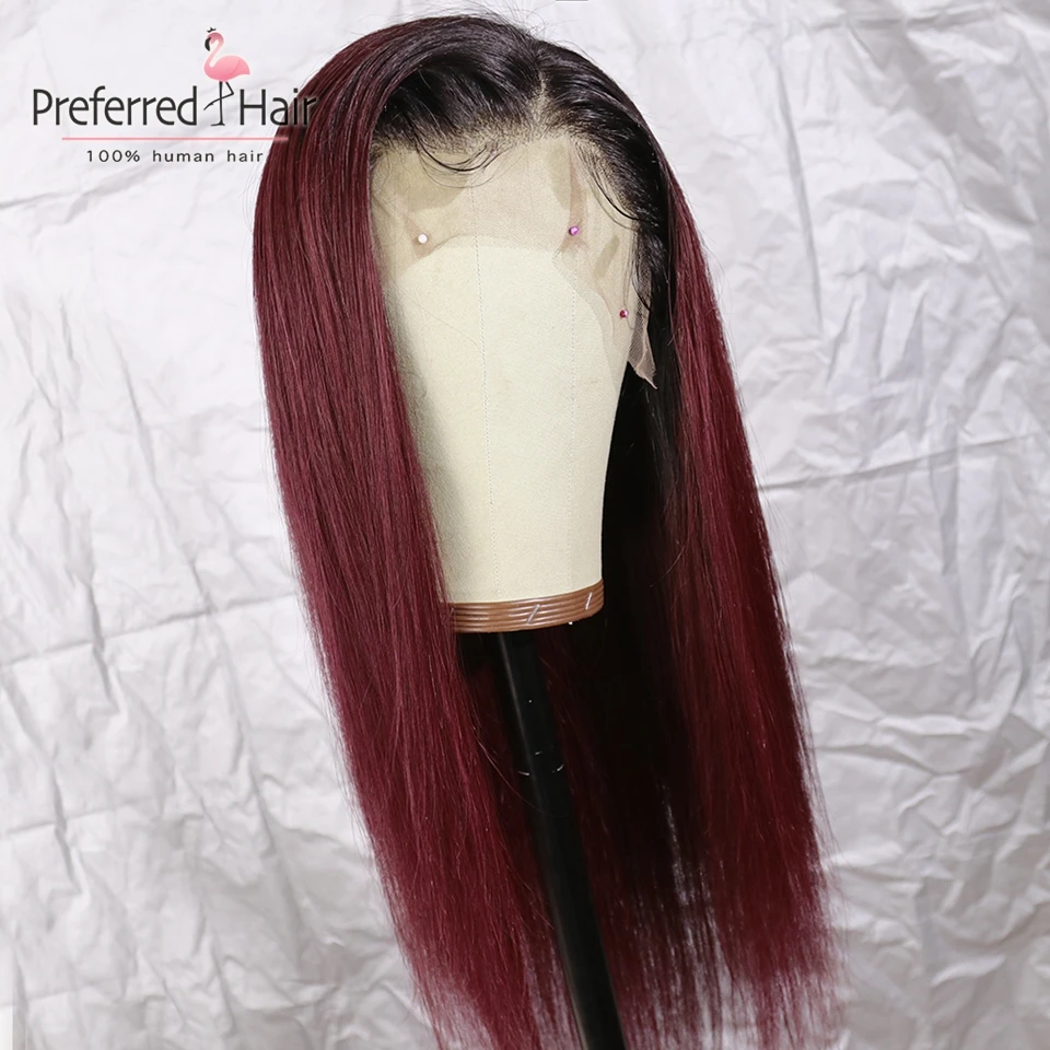 Preferred 1B/99J Burgundy Lace Front Wig With Baby Hair Straight 13x6 Ombre Human Hair Wig Remy Brazilian Wigs For Black Women