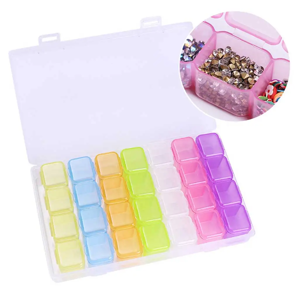 

BGVfiveColorful Plastic 28 Grids Slots Nail Art Tools Jewelry Storage Box Rhinestone Beads Case Organizer