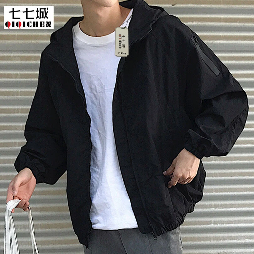 Hooded Bomber Jacket  Men  Black Army Green Solid Loose 