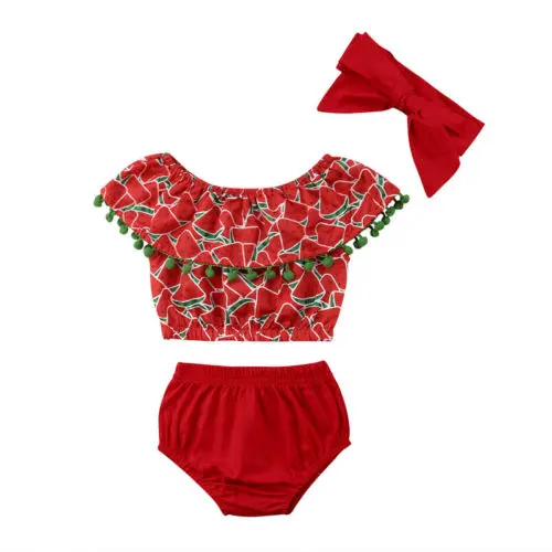 

US STOCK Infant Baby Girls Clothes Set Watermelon Print Off Shoulder Ruffles Tank Tops Red Shorts Stylish 2PCS Outfits Summer