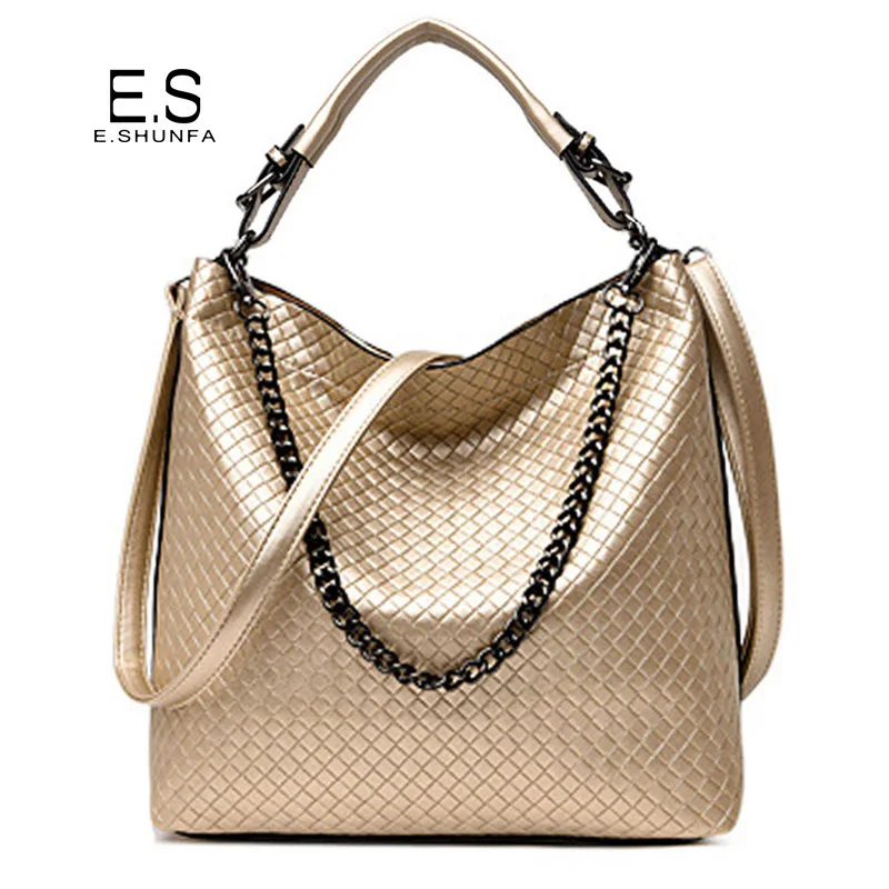 Plaid Women Shoulder Bags 2018 New Fashion Knitted Chain Bucket Bag Handbag PU Leather Large Capacity Shoulder Tote Bag Woman Plaid Women Shoulder Bags 2018 New Fashion Knitted Chain Bucket Bag Handbag PU Leather Large Capacity Shoulder Tote Bag Woman