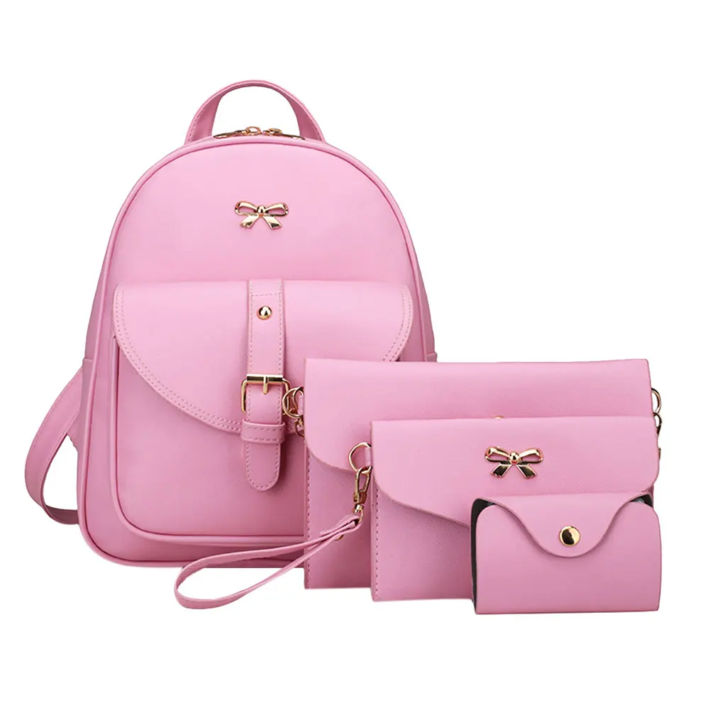 Fashion 4Pcs Women Bowknot Backpack Female PU leather Clutch Bag Ladies Casual Pink Bag Set ...