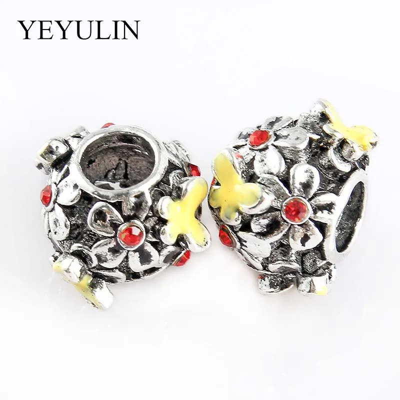 

10Pcs Pink Blue Multi-Color Crystal Buttrefly Pattern Alloy Big Hole Beads For DIY European Chain Bracelet Jewelry Accessories