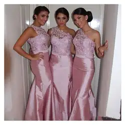 Элегантное розовое платье подружки невесты на одно плечо кружево; аппликация; Русалка Длинные розовые атласные вечерние платья фрейлина