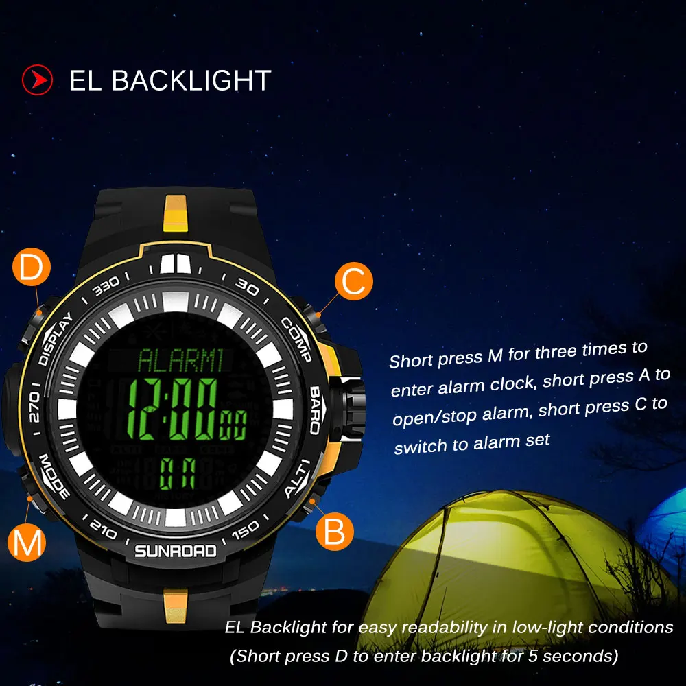 Открытый Цифровые спортивные часы для мужчин 5ATM водостойкий альтиметр компас рыбалка барометр альтиметр погоды