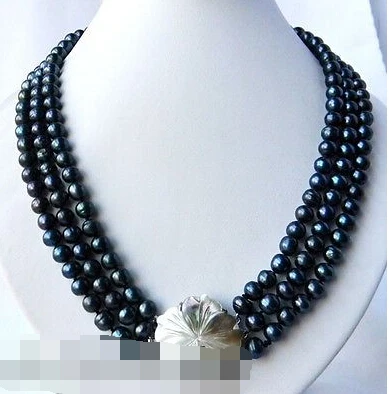 

0914 3Strands 20'' Black Round Freshwater Pearl Necklace