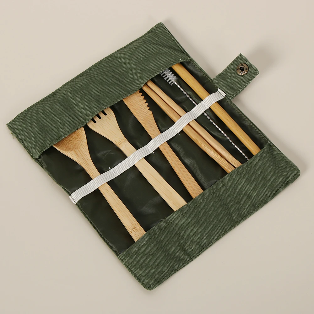 

6PCS Portable Dinnerware Set Bamboo Cutlery Wooden Fork Spoon Straw Chopsticks Travel Kitchen Camping Tableware