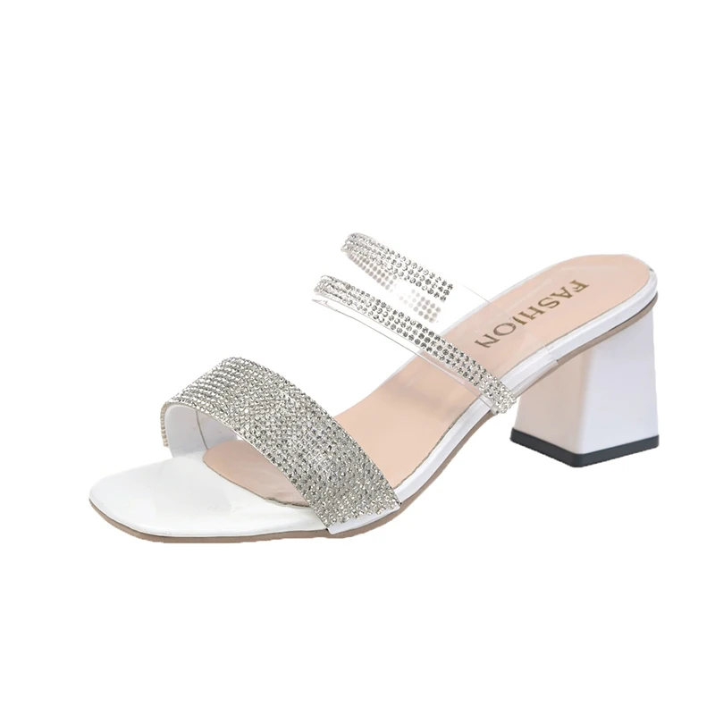 

2019 Summer Women Slippers Female Transparent Slides Crystal Square High Heels Slip on Sandals Beach Casual Shoes Woman Slippers