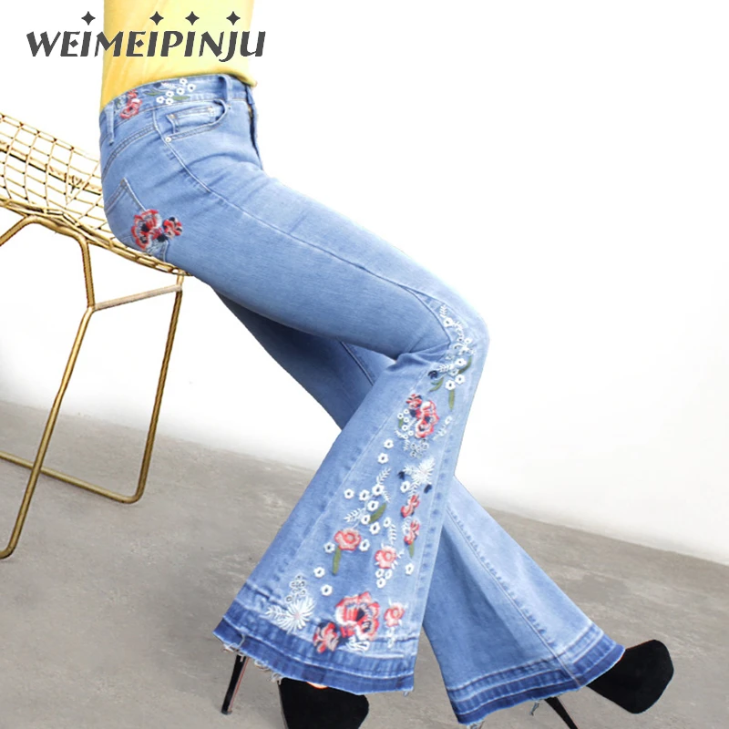 Vaqueros para mujer 2018 stretch Denim streetwear campana Pantalones flaco bordado Vaqueros más señoras del tamaño Vaqueros|embroidered jeans|jeans for womenladies jeans - AliExpress