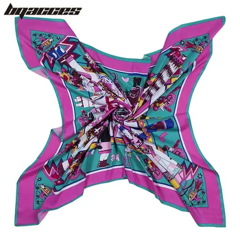 

[BQACCES] 130*130 cm New Indians Print Twill Silk Square Scarves Women Luxury Brand Bandana Hijab Headband Shawl Super Large