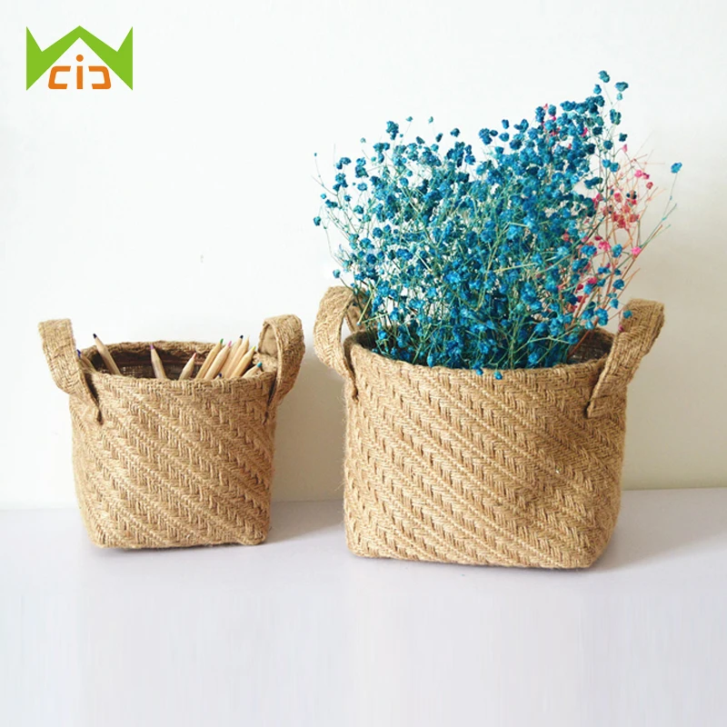 WCIC Folding Storage Basket Cotton Linen Handle Jute Basket Makeup Box Retro Style Hanging Bags Mini Desktop Storage Bag