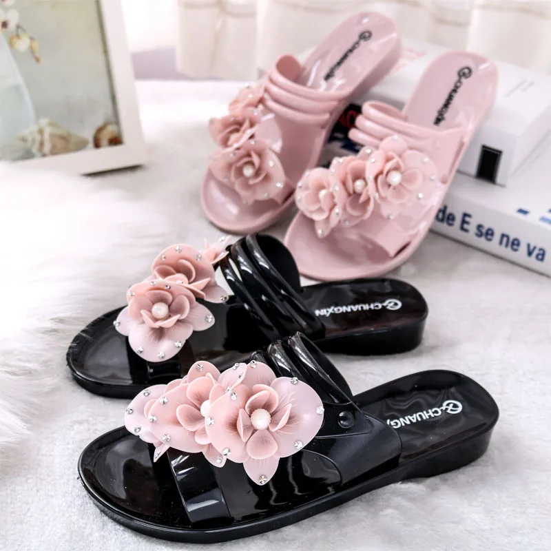 SWYIVY Pink Flower Slippers Wedge Woman Summer 2018 Comfortable Soft Bottom Female Summer Casual Jelly Shoes Plastick Slippers