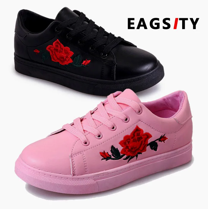 

EAGSITY Sneaker women Casual canvas shoes flats lace up round toe pink embroider flower comfortable soft ladies shoes student