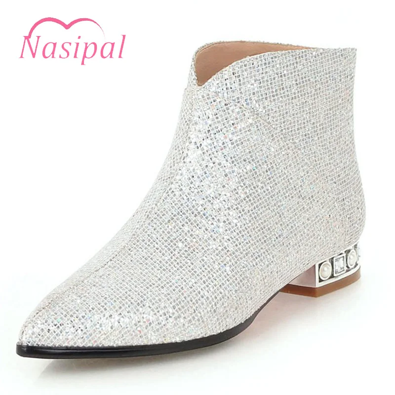 

Nasipal New Arrival Gold Silver Black Bling Bling Sequined Booties Pointed Chunky Heels Glitter Dress Pumps Shining Shoes M447