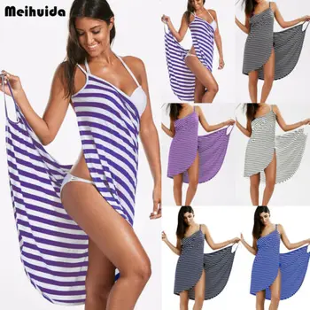 

2019 Sexy Backless Women Summer Striped Dress V-neck Spaghetti Strap Women Knee-length Cover ups Beach Casual Fashion Dresses