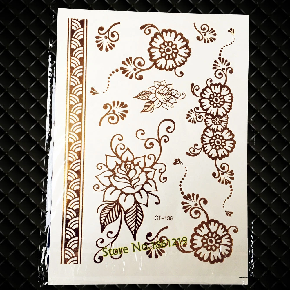 

25 Styles Chic Waterproof Fake Gold Flower Tattoos For Women Henna Body Art Tatoo Paste Flash Metallic Temporary Tattoo Stickers
