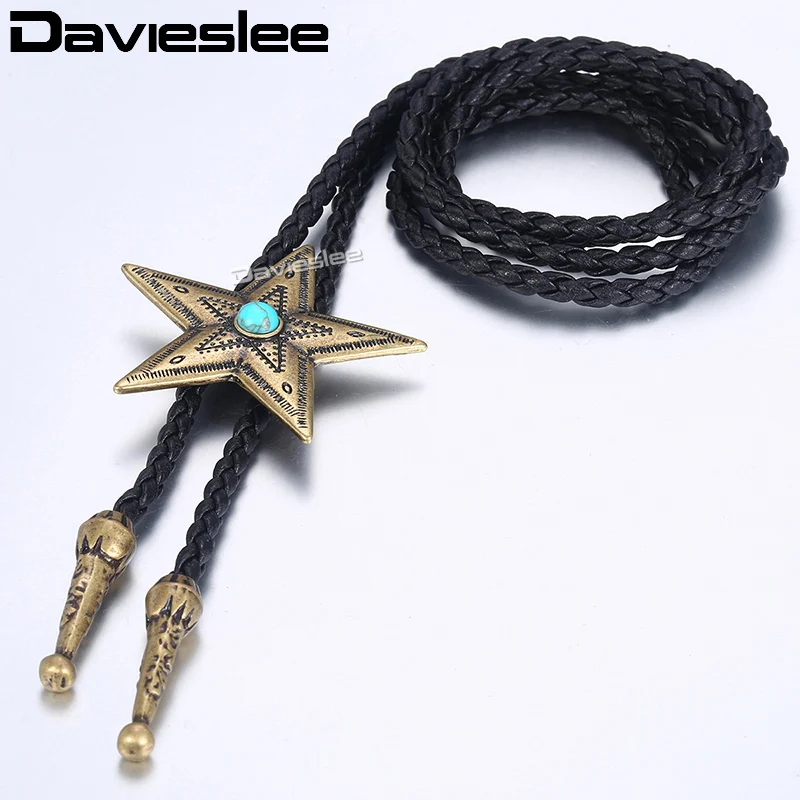 

Davieslee Necklace For Men Women Pentagram Bolo Tie Pendant Bronze Silver Tone Leather Chain Adjustable LUNM33