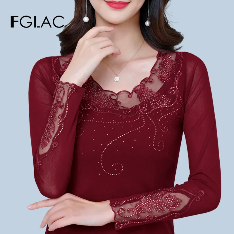 

FGLAC Spring women t-shirt Fashion Casual long sleeve Mesh tops Elegant Slim hollow out blusas plus size Diamonds women shirts