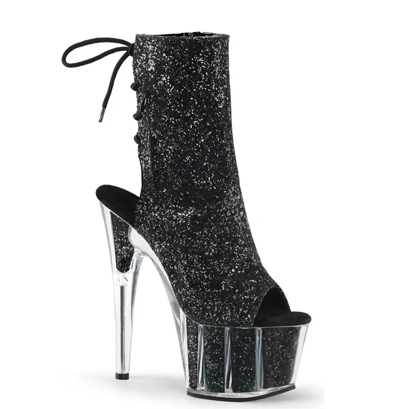 Женские ботильоны; блестящая обувь для стриптиза на платформе и высоком каблуке 15 см; ботинки на шнуровке на прозрачном каблуке и молнии; женская обувь; большой размер 43 - Цвет: Black 15cm Heel