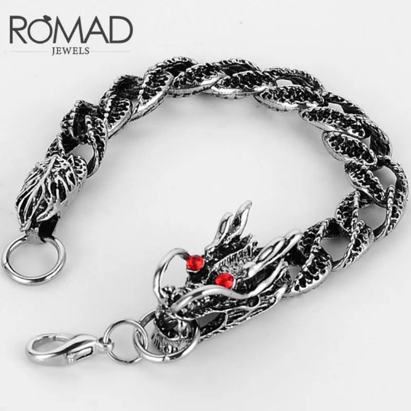 Модные персонализированные древние серебряные красные Кристальный Дракон браслеты для байкеров для крутых мужчин готический панк титановые Ювелирные изделия из нержавеющей стали
