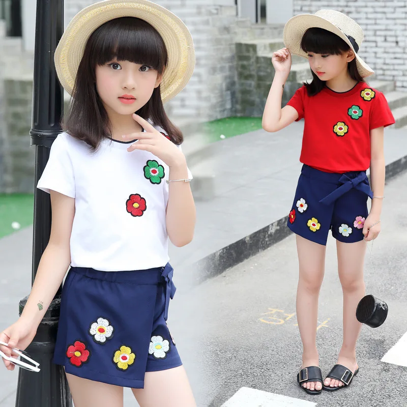 

Summer Children Clothing Sets Baby Girls' Wear Suits Sets Fashion Flower Short Sleeves T Shirt+Pant Two-piece Cotton Kid Clothes