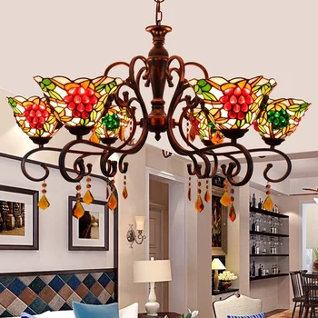 

Tiffany Flesh Country Flowers Stained Glass Suspended Luminaire E27 110-240v Chain Pendant Lights For Home Parlor Dining Room