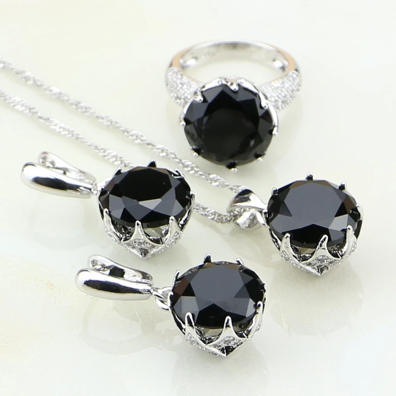 

Black Cubic Zirconia White Zircon Sterling Silver 925 Bridal Wedding Jewelry Sets Earrings/Pendant/Necklace/Ring Gift For Women