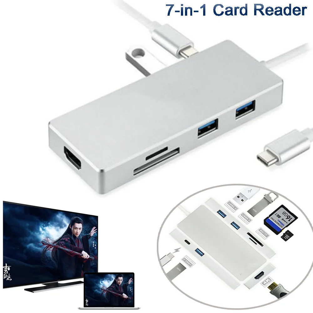 

7in1 Digital AV Adapter to HDMI 4K TV 3.1 Type C Hub with SD SDXC TF Card Reader 3x USB 3.0 Ports for Apple MacBook 2015 ,2016