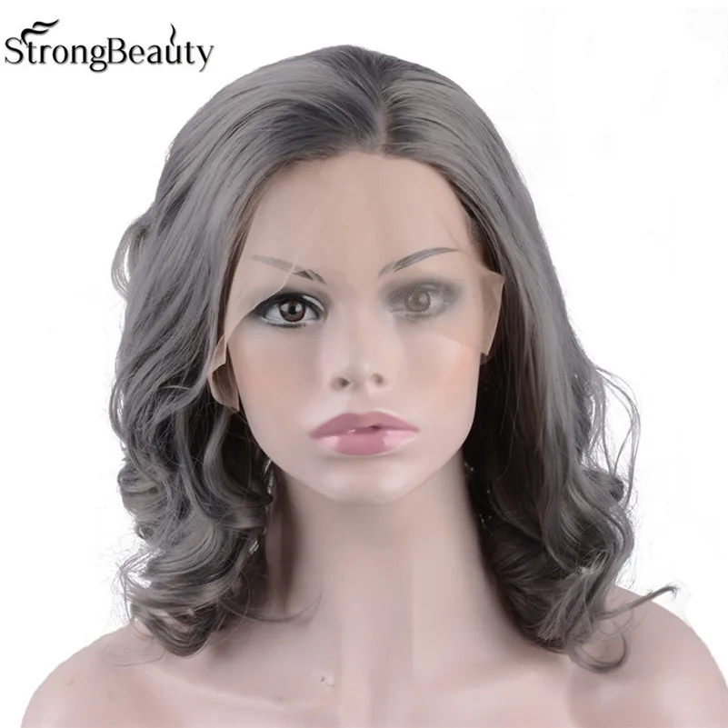 StrongBeauty Ombre черный до зеленый короткий синтетический парик на кружеве натуральные волнистые термостойкие для женщин выбор цвета