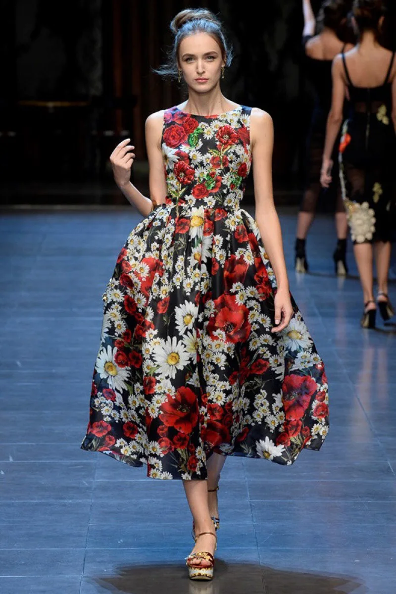 

Women Summer Fashion Casual Retro Plus Size Flower Print Dress Ladies Celebrity Runway Vintage Floral Printing Chiffon Dresses