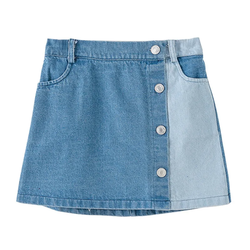 

6 to 14 years kids & teenager girls summer color-block cotton casual denim jeans skirts two pockets back children skirt clothing