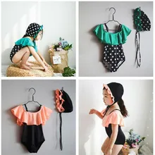 Купальный костюм для девочек черный белый в горошек Цельный купальник с подходящая шляпа детская модная пляжная одежда YZ19002