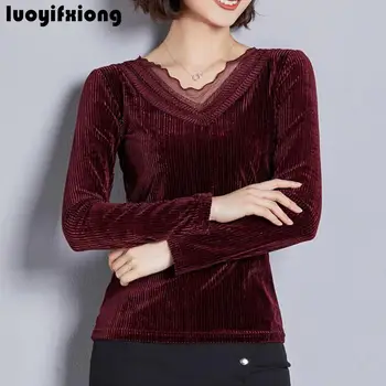

Blusas Mujer De Moda 2019 Elegant Lace Patchwork V-neck Long Sleeve Velour Blouse Women Shirts Plus Size Work Wear Ladies Tops